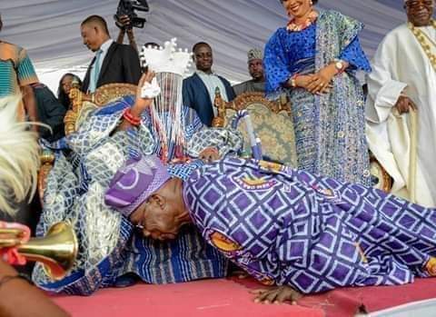Today's Pic - Obasanjo Prostrates For 59-Year-Old Monarch